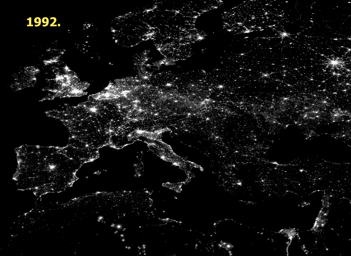 Svjetlosno onečišćenje Europe 1992.-2012.